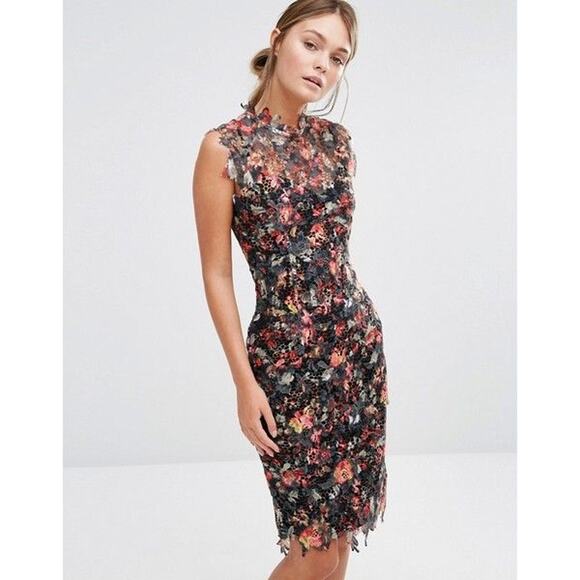 Paper Dolls London Black Green Orange Crochet Lace Pencil Midi Dress Size 12 - Picture 1 of 13